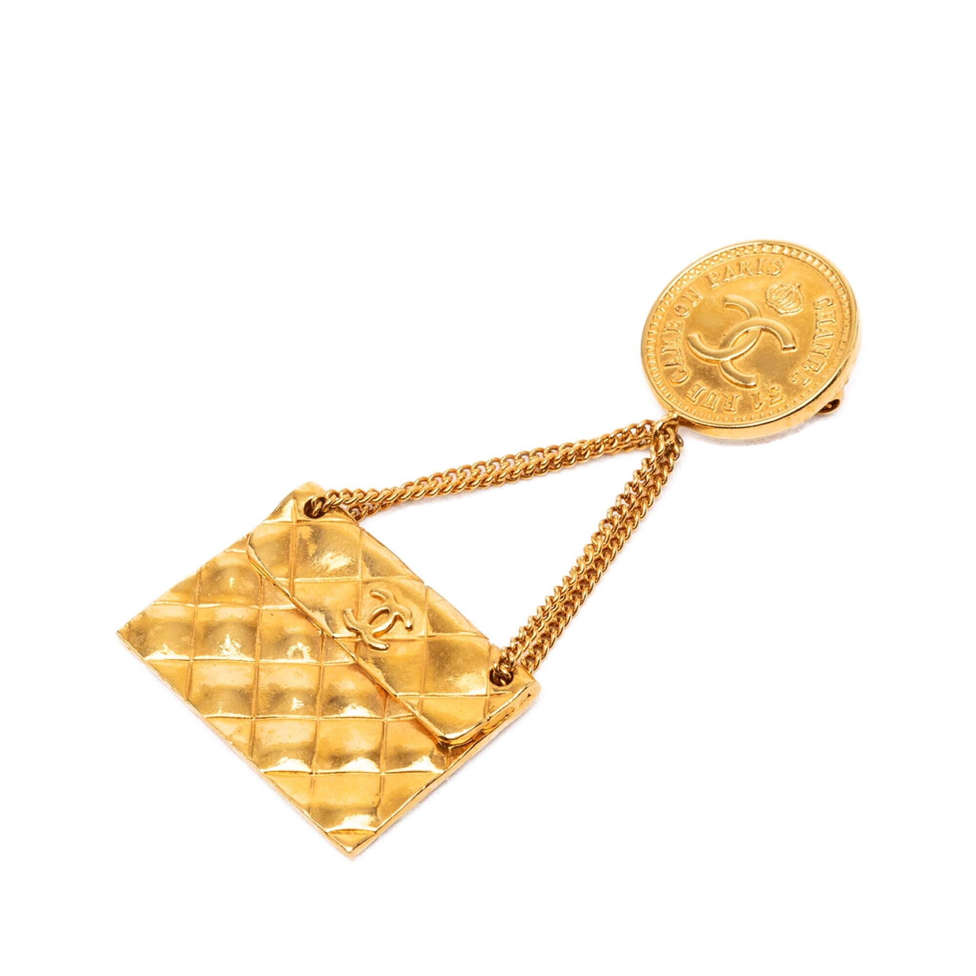 Pre-Loved Chanel Cc Gold Plated Quilted Flap Bag Medallion Brooch